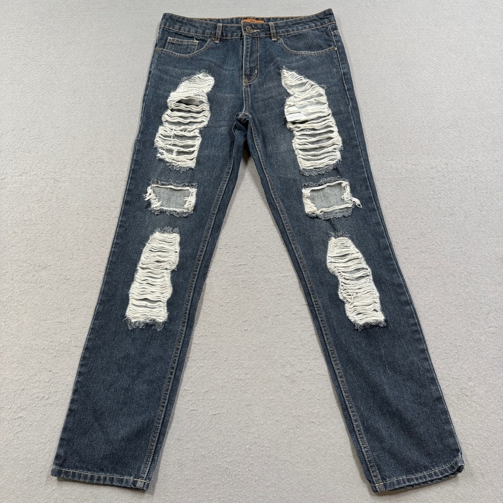 BUM 1992 Jeans Women's 32 Blue Denim Straight Leg Ripped Distressed Shredded Y2K
